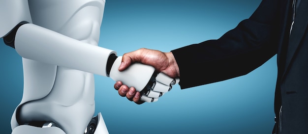 Premium Photo Humanoid Robot Shaking Hands With A Man