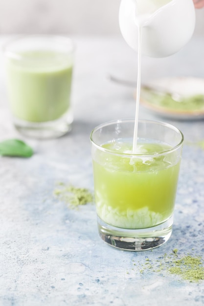 Premium Photo | Iced matcha green latte in glasses with matcha powder ...