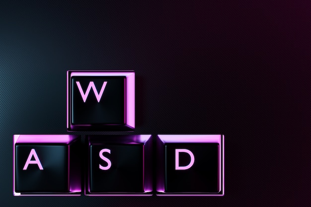 イラストキーボードボタンwasd 黒の背景にネオンピンクのライト プレミアム写真
