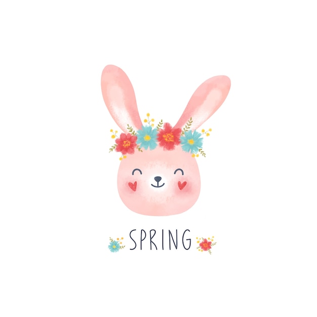 ピンクのウサギのかわいい顔のイラストと花とテキストの春の白い背景 プレミアム写真