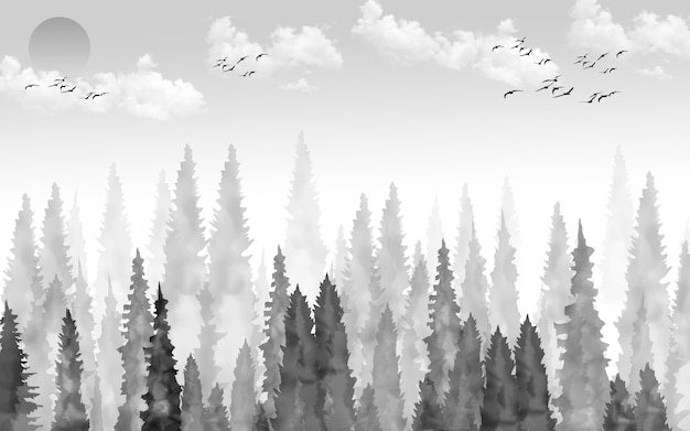 イラスト壁紙黒と白の風景 太陽空雲鳥と木の森 プレミアム写真