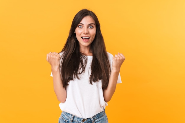 Premium Photo | Image of young brunette woman with long hair smiling ...