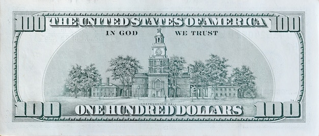 100ドル紙幣裏面クローズアップマクロフラグメントの独立記念館 アメリカ合衆国の百ドル紙幣 プレミアム写真
