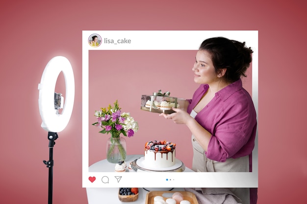 Influencer cooking and posting on social media Premium Photo