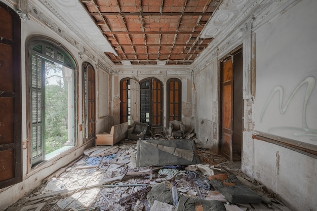 Premium Photo | Inside a destroyed stately mansion