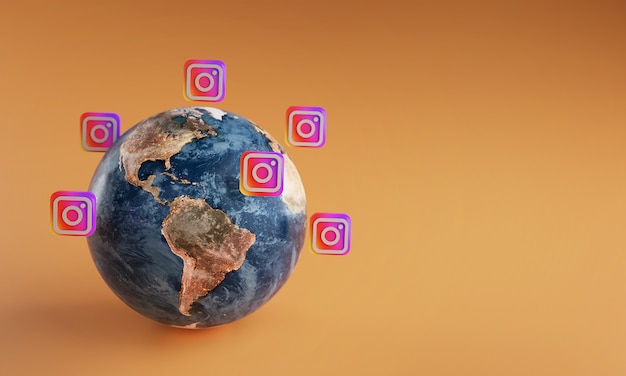 地球の周りのinstagramロゴアイコン 人気のアプリのコンセプト プレミアム写真
