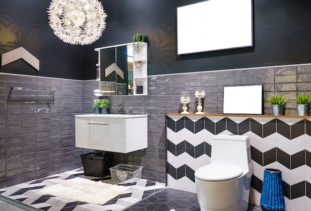 Interior of bathroom with sink basin faucet and mirror. modern design of bathroom Premium Photo