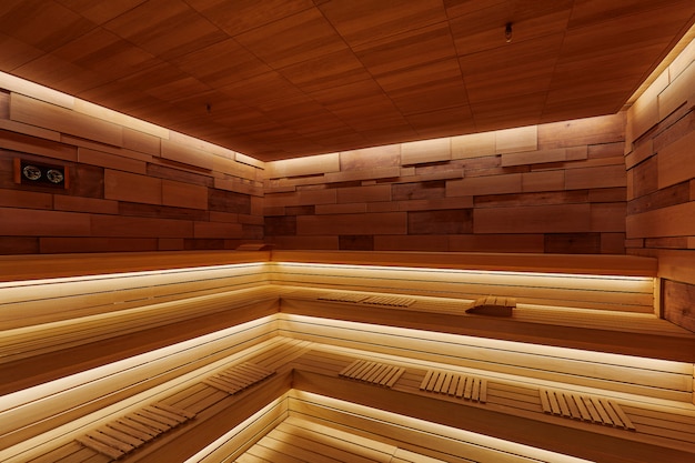 Interior design of wooden bath with seats, backlit, spa Premium Photo