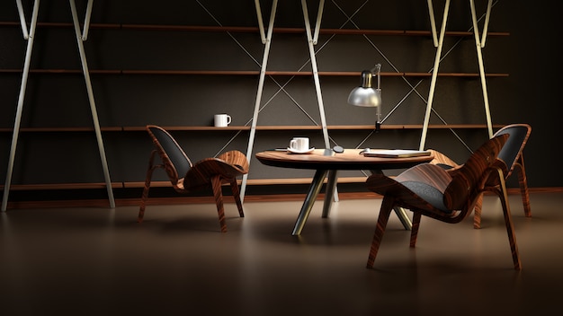  The interior of the dimly lit room with three chairs and a table is made in a modern business style