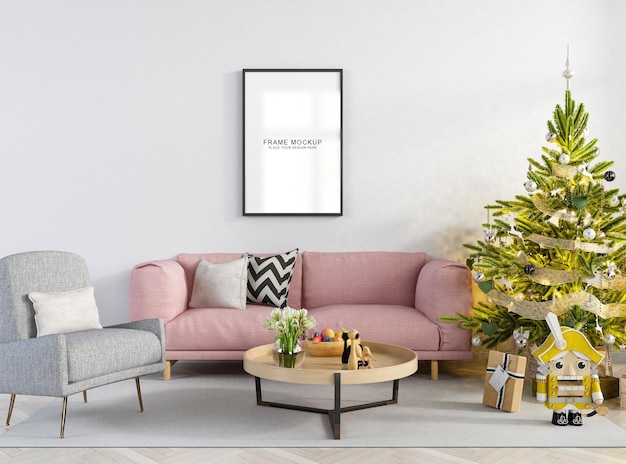 Premium Photo | Interior living frames and christmas tree and chair mockup