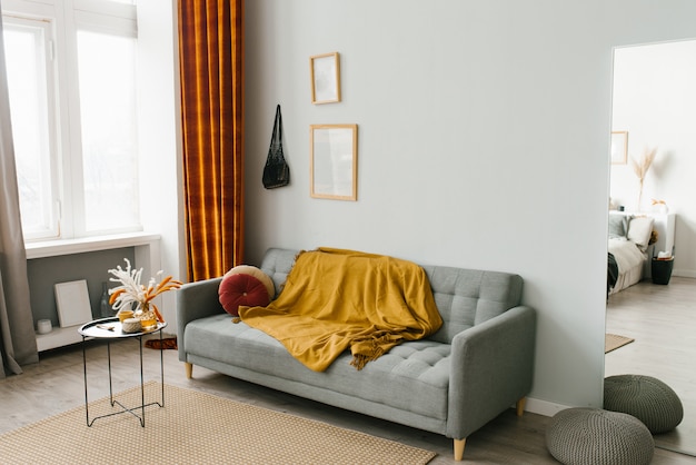 Premium Photo Interior Of The Living Room In A Scandinavian Minimalist Style In Gray Yellow Orange Colors,Modern Bathroom Design Ideas Small Space