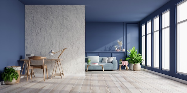 空の紺色の壁にソファのある明るい部屋のインテリアと空の白い漆喰の壁にオフィスルーム 3dレンダリング プレミアム写真