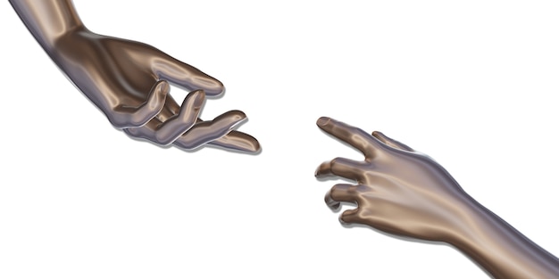 鉄の手ロボットの手が白い背景の3dイラストに会うために手を差し伸べる プレミアム写真