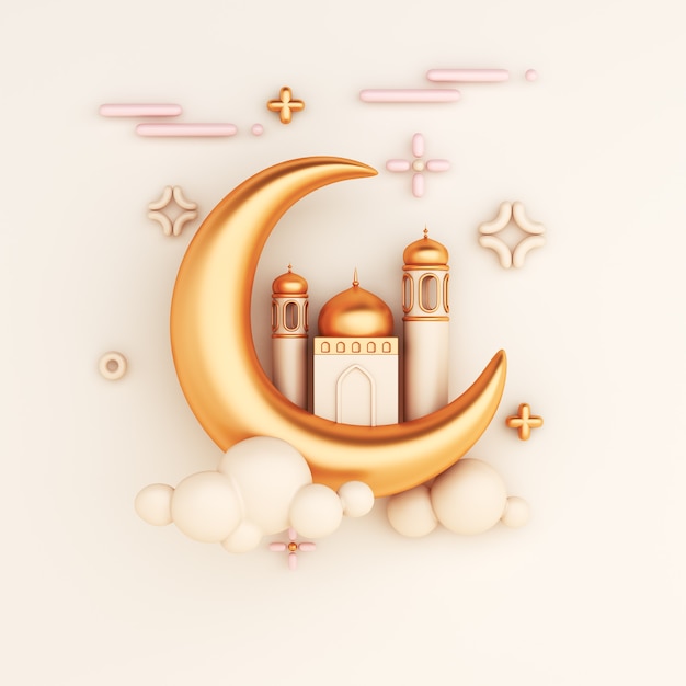  Islamic decoration background with crescent and mosque cartoon style