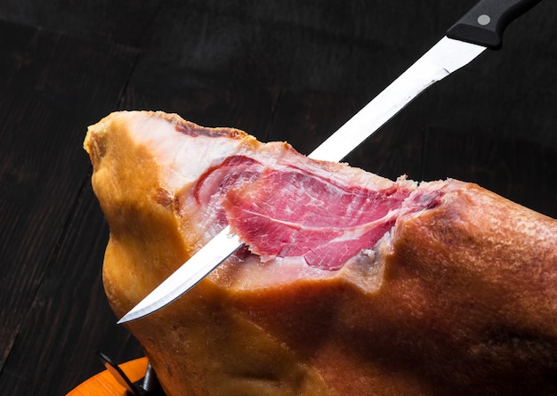 Premium Photo Jamon Jamon Serrano Traditional Spanish Ham On Black Close Up Slicing Hamon