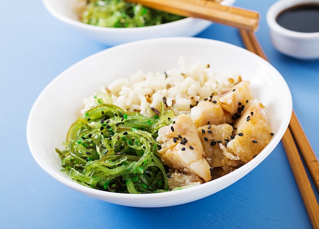 Free Photo | Japanese food. bowl of rice, boiled white fish and wakame
