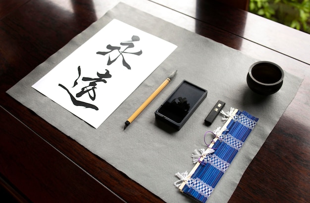 Free Photo | Japanese handwriting on paper and tools arrangement