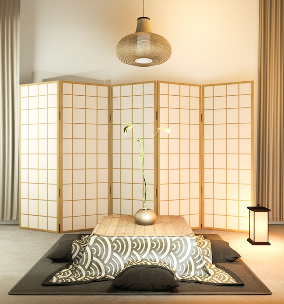 Japanese partition paper wooden design on living room tatami floor. Premium Photo