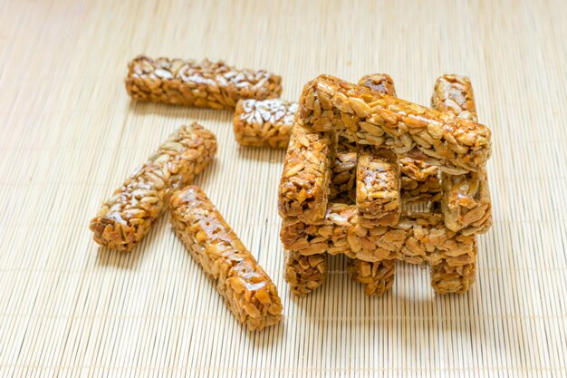 Premium Photo | Jenga-like towers from sweets. sunflower seed brittle