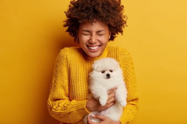 白いふわふわスピッツのうれしそうな巻き毛の女性が犬をグルーミングサロンに運び 彼氏からお気に入りの犬種のペットをプレゼントしてくれてうれしい 無料の写真