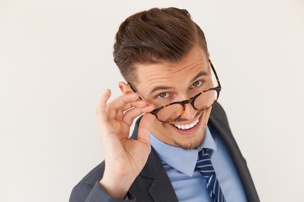 Joyful Stylish Business Man Taking Glasses Off Photo Free Download