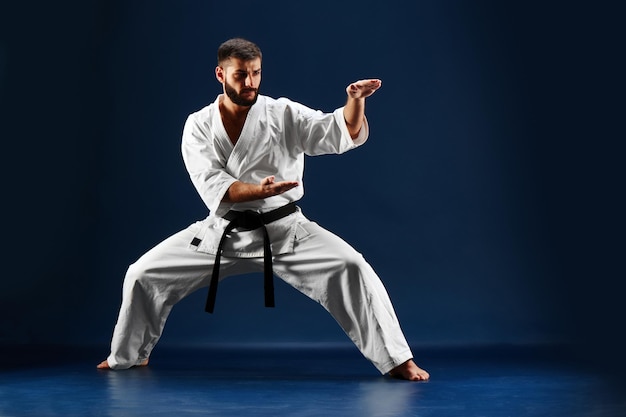 Premium Photo | Karate man in a kimono standing in a fighting stance on ...