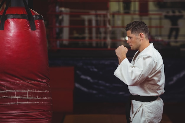 Karate player practicing on punching bag | Premium Photo