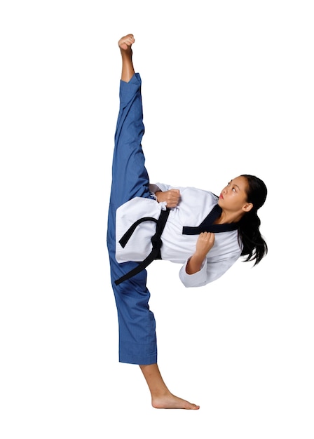 Premium Photo Karate Taekwondo Teenager Girl Practice Fighting Kick And High Leg On Black Belt Level Asian Youth Athlete Woman Wear Sport Traditional Uniform Over White Background Full Length Isolated