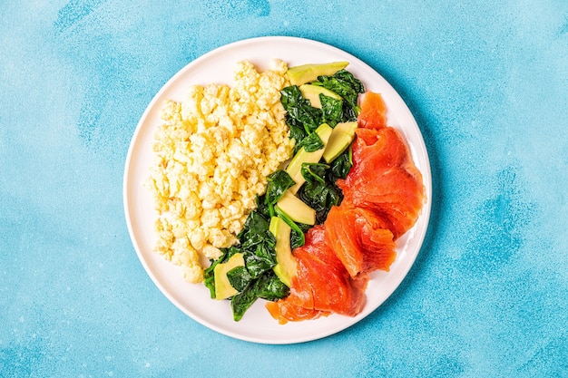 Premium Photo Ketogenic Diet Breakfast Scrambled Eggs Salmon Avocado Spinach Top View