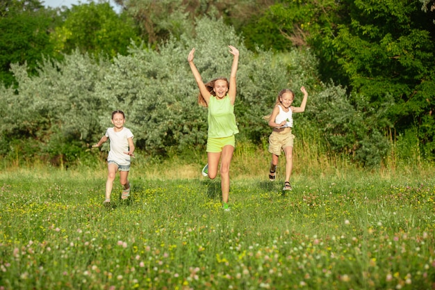 子供たちは 夏の日差しの草原で走っている子供たち 無料の写真