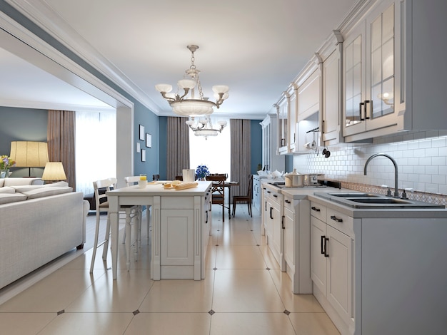 Premium Photo Kitchen With White Cabinets And White Brick Backsplash And Recessed Panel Cabinets And Granite Countertops