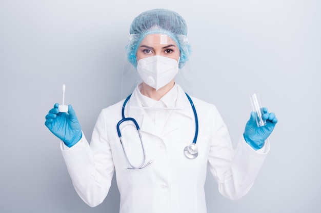 Premium Photo | Lady doc hold test tube saliva collect equipment ...