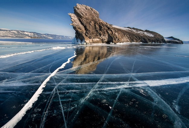 Lake Baikal Is Covered With Ice And Snow, Strong Cold And Frost, Thick 