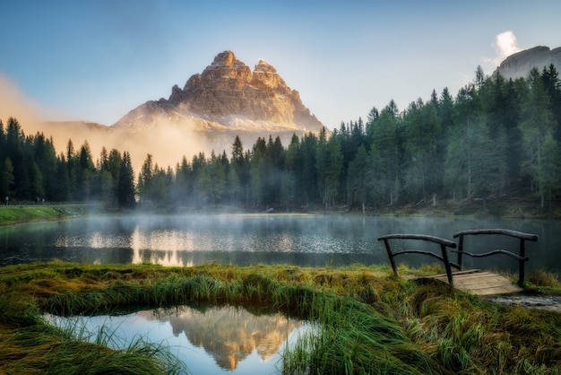 Lake with mist in the mountains Premium Photo