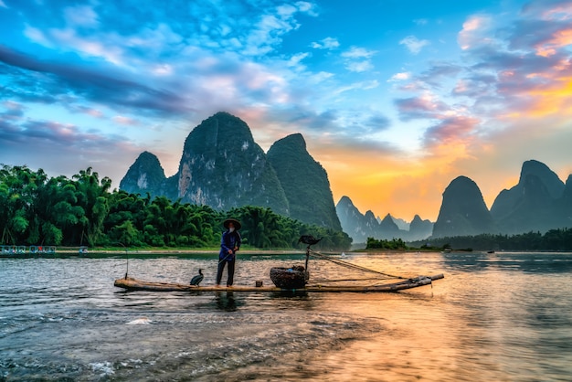 Landscape and bamboo rafts of lijiang river in guilin, guangxi ...