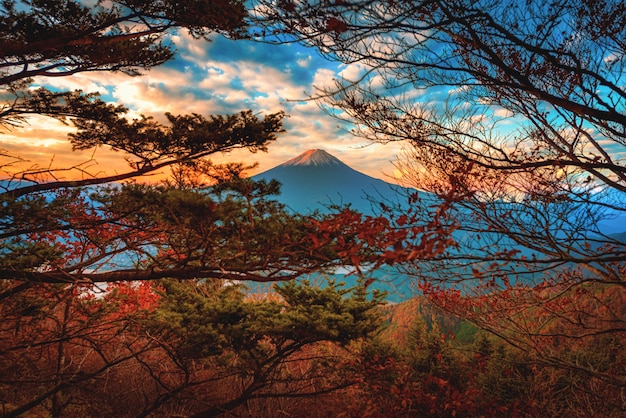 富士山の風景画像日本の富士河口湖の日の出の紅葉と河口湖の富士 プレミアム写真