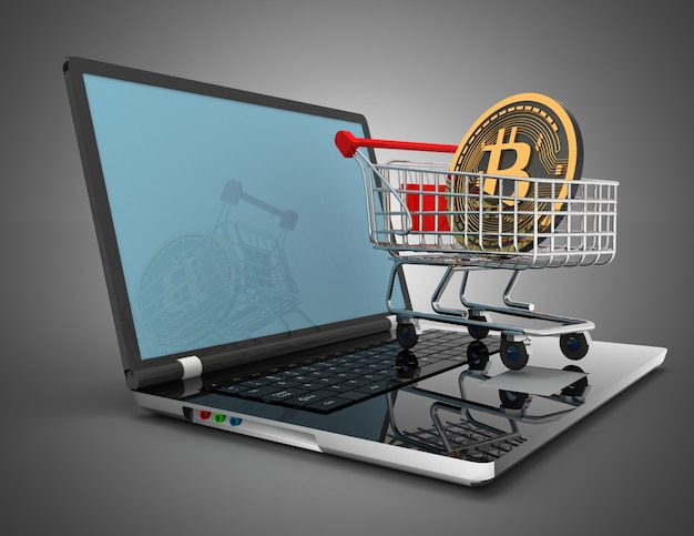  Laptop cart bitcoin . 3d illustration