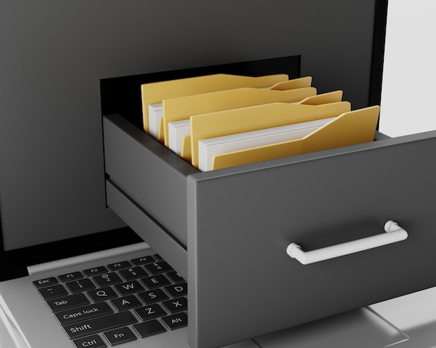 Laptop and file cabinet with folders. data storage concept. 3d ...