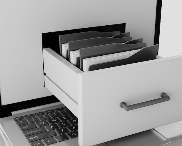 Premium Photo Laptop And File Cabinet With Folders Data Storage Concept 3d Illustration