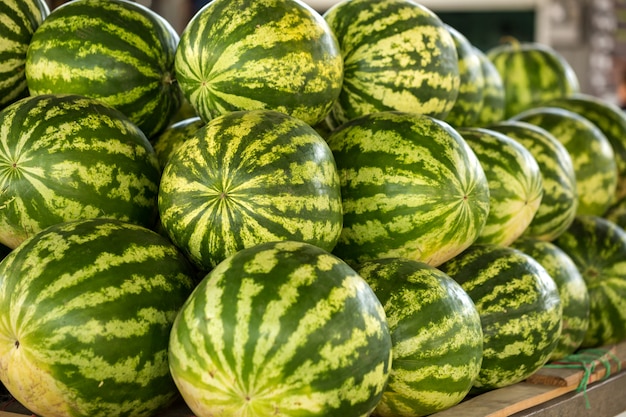 Premium Photo | Large green watermelons are on the market.