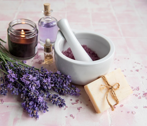 Premium Photo | Lavender spa. essential oils, sea salt, towels and ...