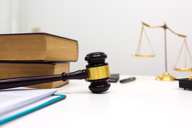 Premium Photo | Lawyer desk room office with gavel equipment.