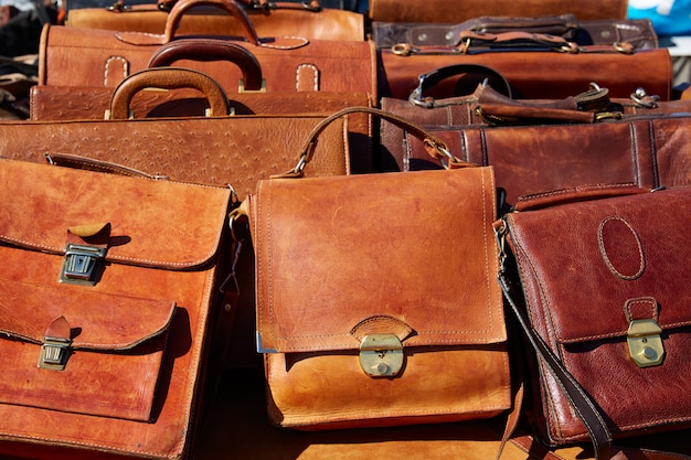 Premium Photo | Leather bags in a row from morocco africa