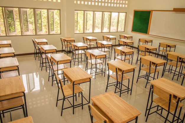 Lecture Room Or School Empty Classroom With Desks And Chair Iron