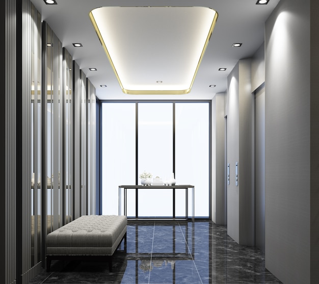  Lift lobby modern design with marble floor and stool seating 3d rendering