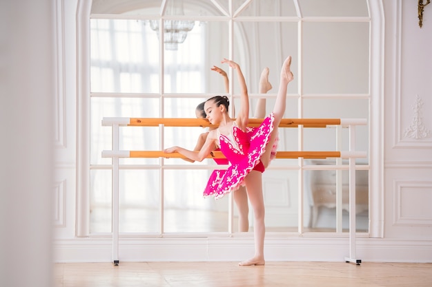 Little Ballerina In A Bright Pink Tutu, Ballet Barre And Mirror Set