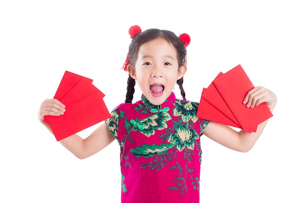 Premium Photo | Little chinese girl in red color traditional dress