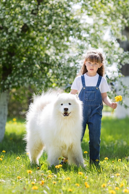 公園で大きな白い犬と少女 プレミアム写真