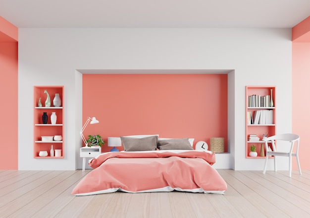Living Coral Color Bedroom Of Luxury House With Double Bed