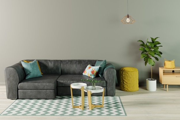 Premium Photo | Living room interior with black leather sofa